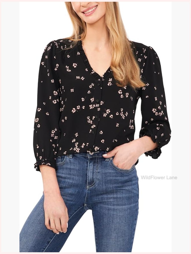 3/4 Sleeve V-Neck Button Top Blouse Ruffle Sleeve Tunic